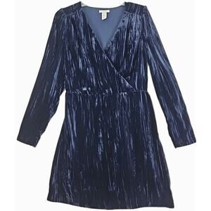 H&M~Woman Sz. 10~Navy Blue Velvet Unlined Dress Long Sleeve V Neck Fairy Grunge